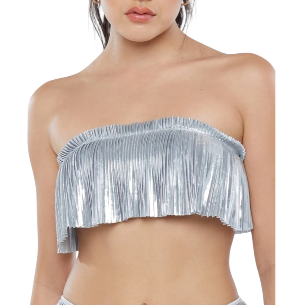 Savage X Fenty Pleated Lamé Bandeau Metallic Silver Bralette, Size 3X